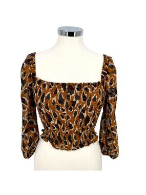 J.O.A. Leopard Print Smocked Top Long Sheer Sleeve Top Brown Black Size XS